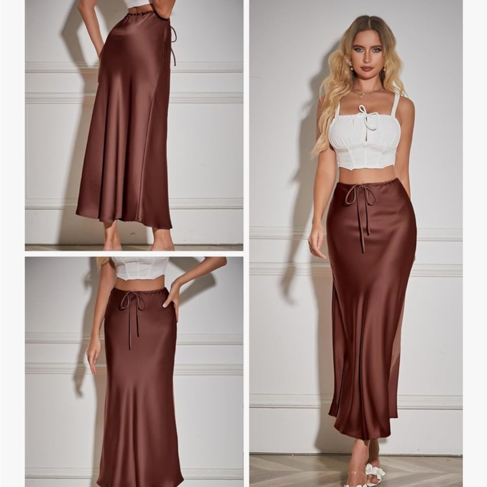 Elegant Brown Satin Maxi Skirt
